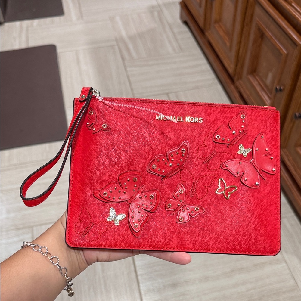NWOT Michael Kors Red Butterfly Appliqué Wristlet Clutch